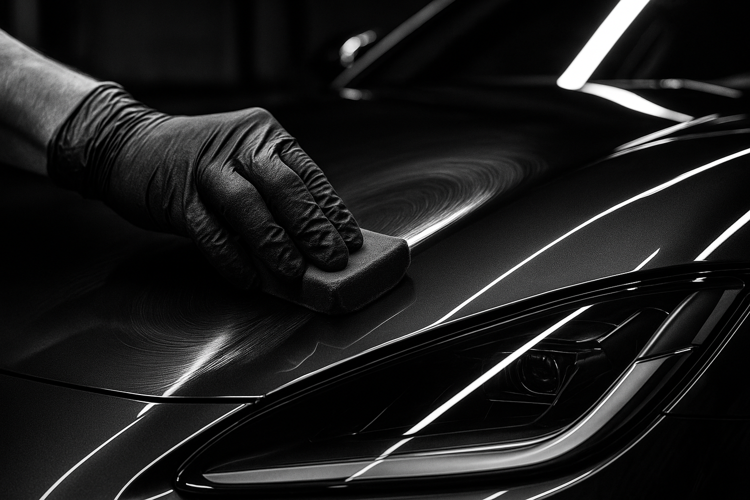 make a close up image of someone ceramic coating a super car black and white 
